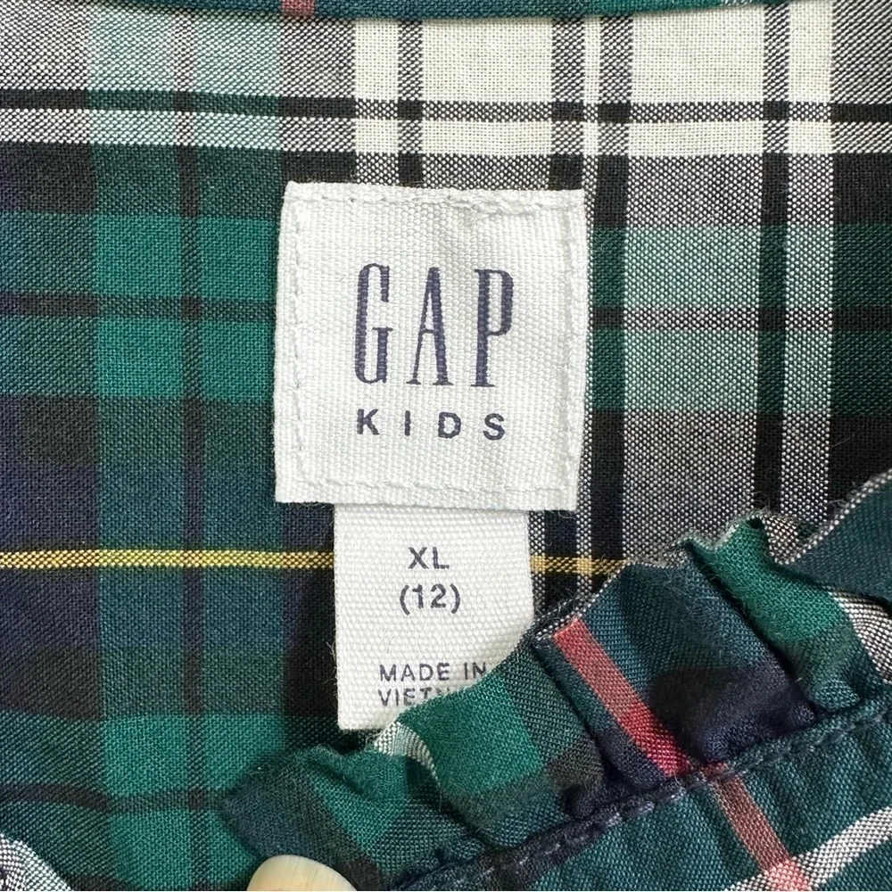 GAP Double Plaid Cropped Holiday Ruffle Neck Button Front Blouse, Size XL, 12
